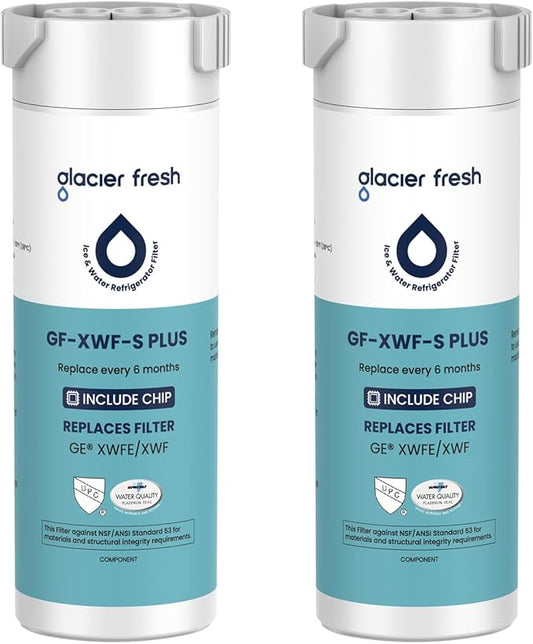 GLACIER FRESH Water Filter Compatible with XWFE (Built-in CHIP), Replacement for GE XWFE, XWF Refrigerator Water Filter NSF/ANSI 53 Certification Pack of 2