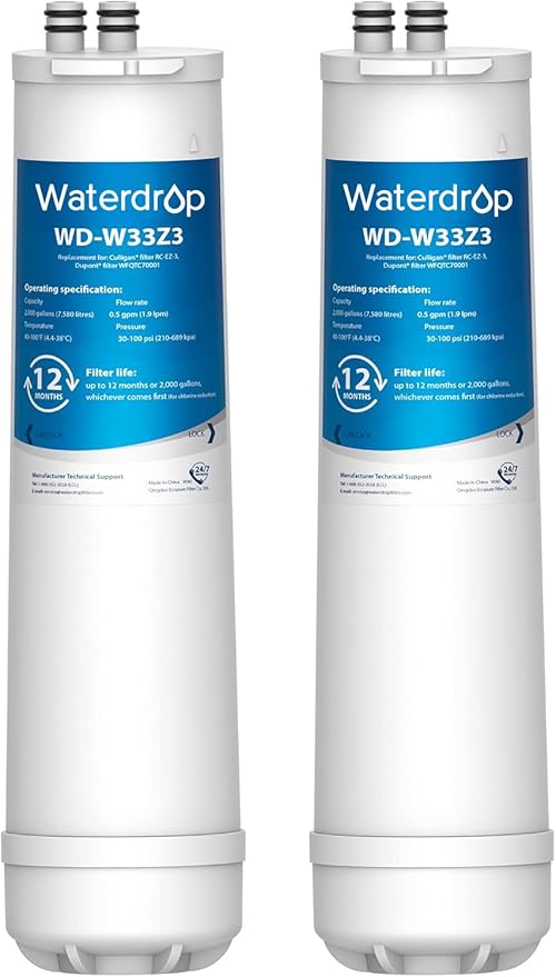 Waterdrop RC EZ 3 Water Filter, Replacement for Culligan® RC-EZ-3, US-EZ-3, RC-EZ-1, Brita® USF-201, USF-202, DuPont® Carbon 3000QT Filter, 2K Gallons, 2 Pack