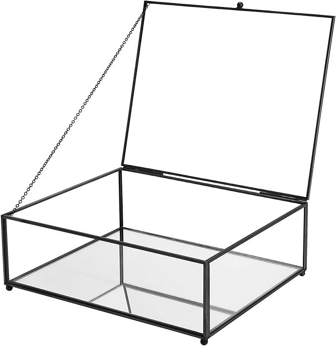 Large Glass Boxes for Display Handmade, Mirrored Bottom, Glass Jewelry Trinket Box with Lid, for Book Photo Keepsake Organizer Display Case for Vanity Decor Home, 10.4"L x 8.5"W x 3.7"H, Black