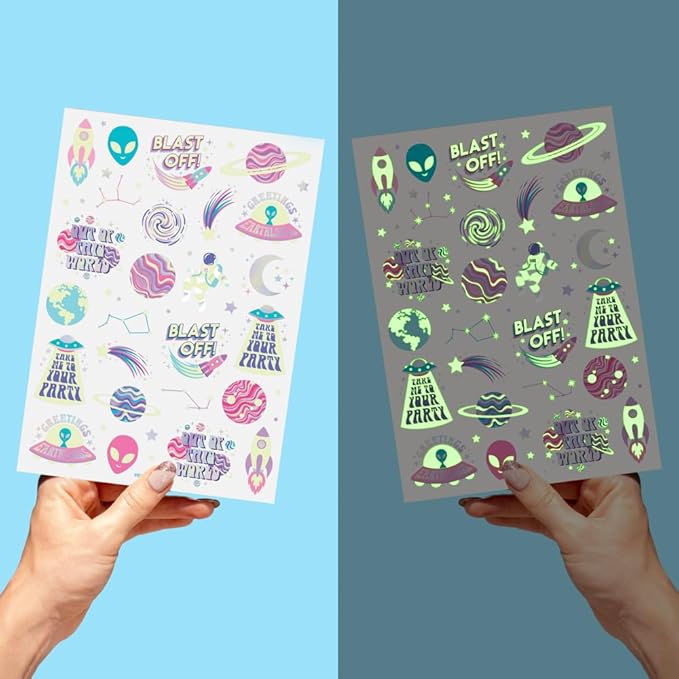 xo, Fetti Space + Planets Glow in Dark Temporary Tattoos for Kids - 50 pcs | Alien Birthday Party Supplies, Astronaut Favors + Rocket ship Decorations