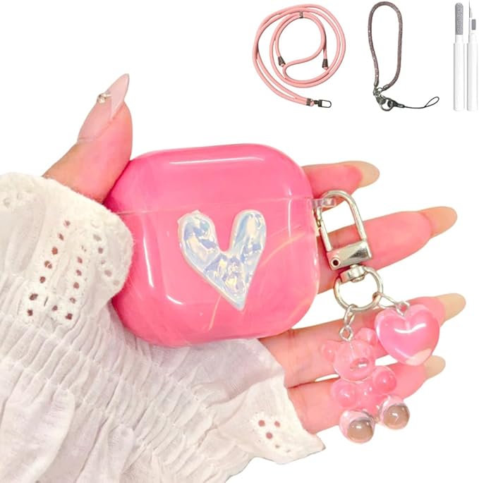 AirPods 4 Case with Neck Strap - Pink Marble Heart Design, Shockproof Silicone Protective Cover for Women Travel, Compatible with AirPods 4/4(2024 NC) & Detachable Keychain,Cute