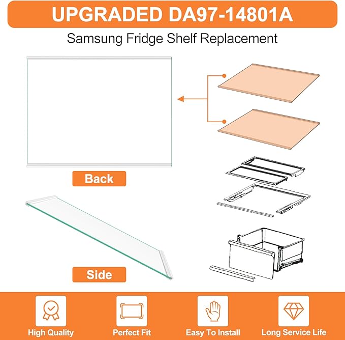 Upgraded DA97-14801A Refrigerator Glass Shelf Compatible with Samsung Fridge Shelf Replacement RH22H9010SR RH22H9010SG Upper Shelves Tempered Glass Samsung Refrigerator Parts Glass Shelves 17.7x13.3