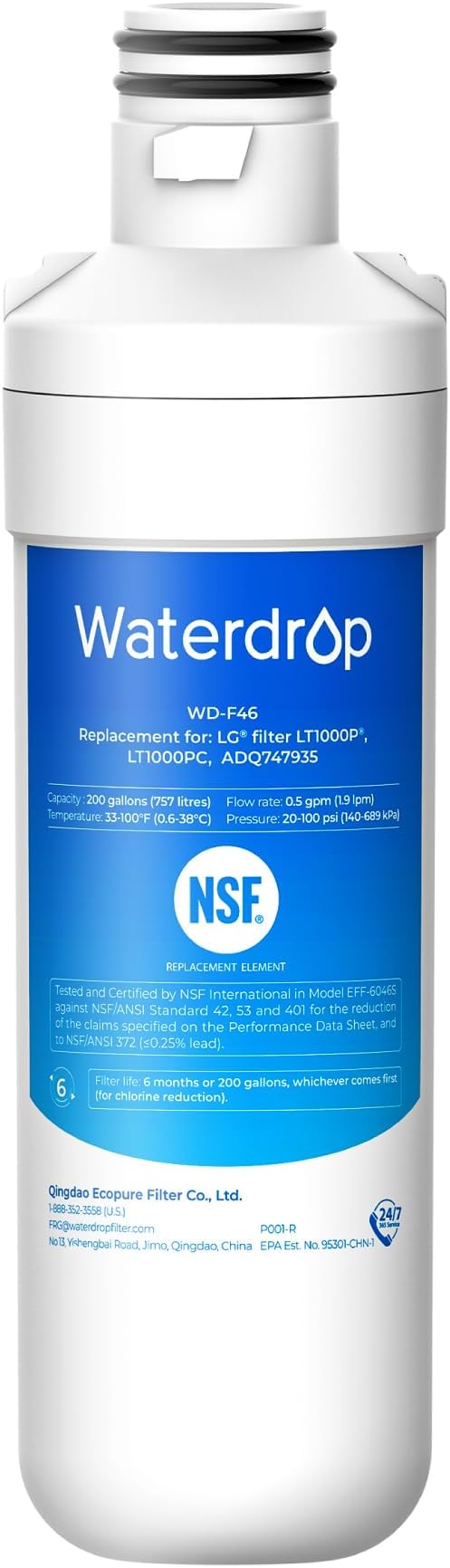 Waterdrop LT1000PC ADQ747935 MDJ64844601 Refrigerator Water Filter, Replacement for LG® LT1000P®, ADQ74793501, ADQ74793502, 46-9980, 9980, LFXC24796S, LSFXC2496D, NSF Certified