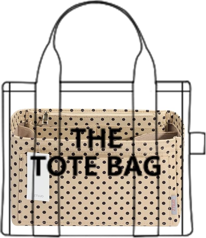 Purse Organizer Insert For Handbags, Silky Touching Bag Organizer Insert With Bottle Holder, Perfect for Speedy, Neverfull, Tote,ONTHEGO ,Artsy,Handbag and More (Slender Large,Brown polk dots Beige)