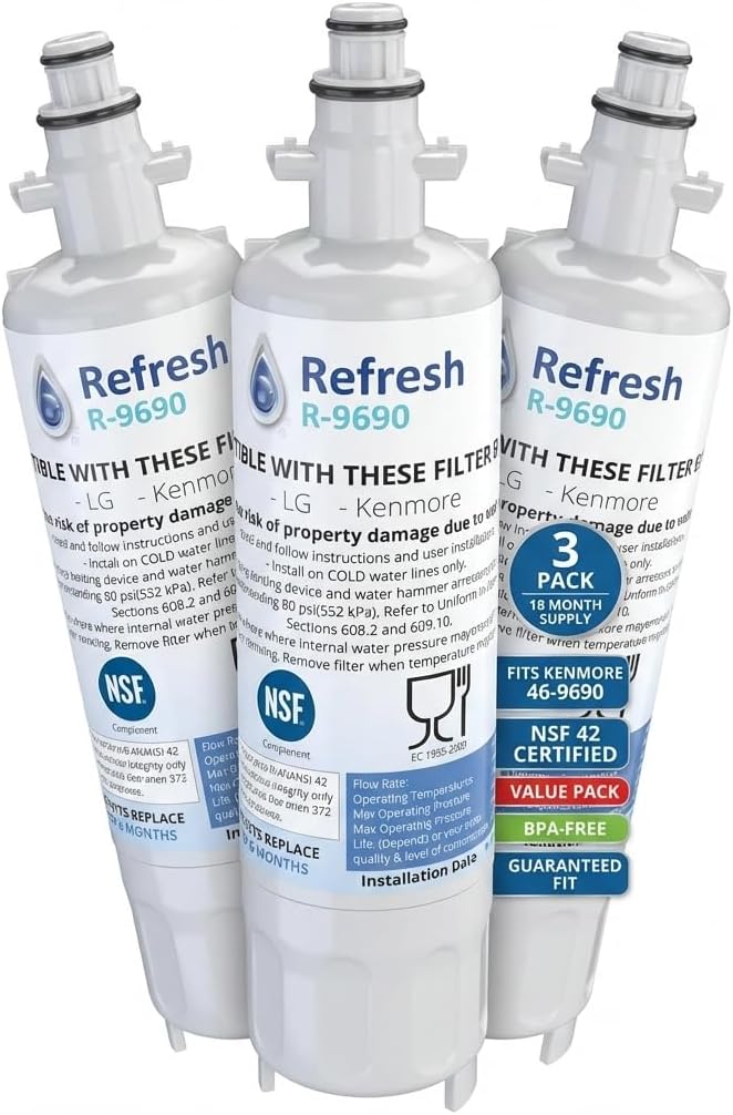 Refresh Refrigerator Water Filter Replacement - Fridge Water Filter, Compatible with LG LT700P, ADQ36006101, ADQ36006102 & Kenmore 46-9690, Drinking Filtration Cartridge, 200 Gallon Capacity - 3 Pack