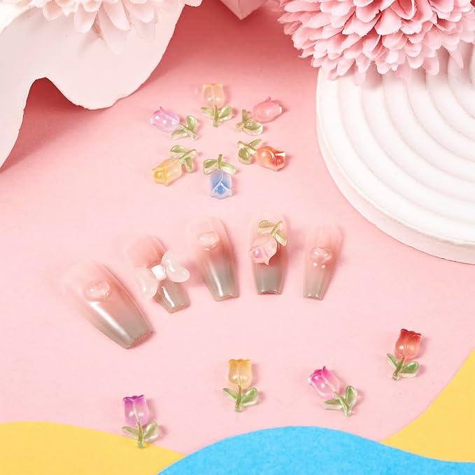 160Pcs Luminous Tulip Nail Charms Glow in The Dark Tulip Resin Cabochons Flat Back 3D Tulip Flower Nail Art Decoration for Women Nail Design Manicure Crafts Phone Case Hair Clip Decor