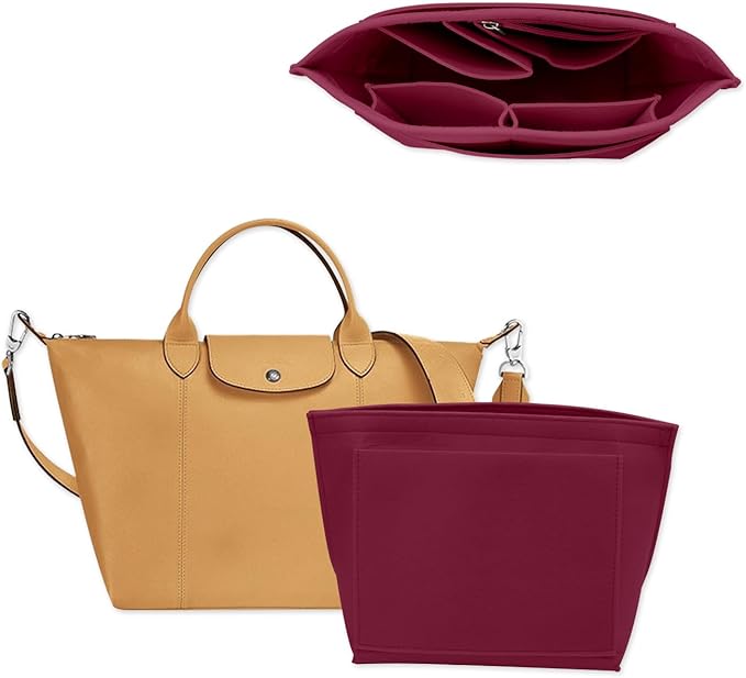 Chispee Felt Purse Organizer Insert Luxury Handbag Organizers for Longchamp Divider Pocket & Zipper Inner Bag Liner fit Small, Rose Red