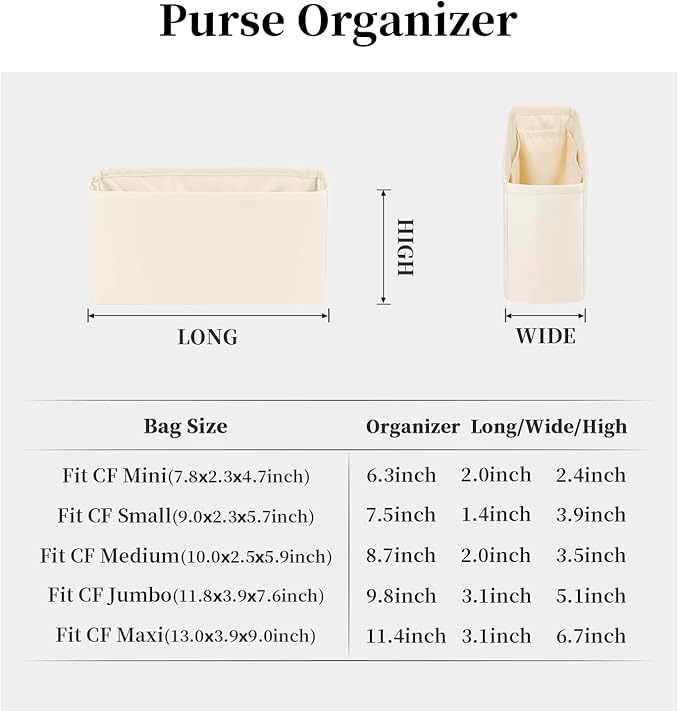 Classic Flap Bag Organizer Insert, Purse Organizer for Handbag Compatible with Chanel Classic Flap Jumbo, Multiple Pockets Bag Organizer (Craie, Chanel CF Jumbo)