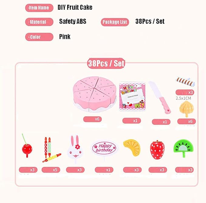 38 PCS DIY Cutting Birthday Party Cake Model Ornament Pretend Kitchen Food Set, DIY Fruit Cutting Kitchen Pink/Blue Cut Cake Gift (38PCS Pink)