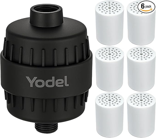 Yodel Shower Filter with 6 Cartridge Matte Black - Hard Water Softener, 99% Removes Chlorine & Impurities, Improves Skin & Hair Condition, Universal Fit for Shower Heads