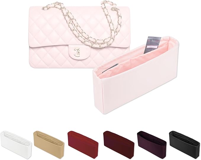 Purse Organizer for Classic Flap Bag, Satin Purse Insert for Luxury Hnadbags, Lightweight Bag Compartment Organizer, Multiple Pockets for Storage (Rose Sakure, CF Jumbo)