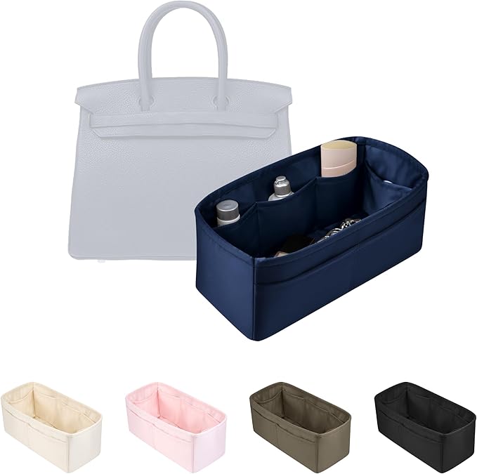Purse Organizer Insert for Birkin 25, Lightweight & Soft Satin Organizer Insert with Pockets for Woman Bags, Ideal for Travel, Shopping, and Daily Use, Multicolor Options(Blue nuit, BK25 Retourne)