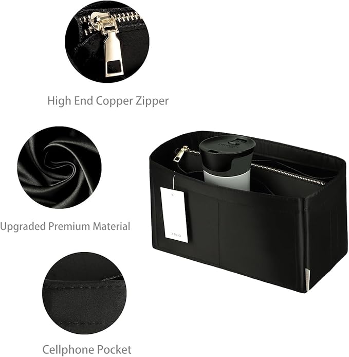 Purse Organizer Insert For Handbags, Purse Organizer With Zipper, Neverfull Organizer, Bag Organizer For Speedy Neverfull ONTHEGO Tote, Handbag and More (Polyester Black, Medium