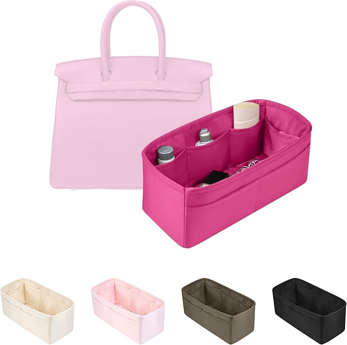 Purse Organizer Insert for Birkin 25, Lightweight & Soft Satin Organizer Insert with Pockets for Woman Bags, Ideal for Travel, Shopping, and Daily Use, Multicolor Options(Rose shocking, BK25 Sellier)