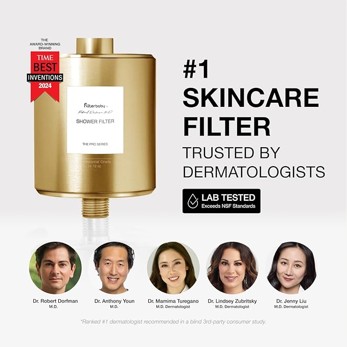 Filterbaby All-Metal Shower Filter Pro, IAPMO Certified to NSF 177, Doctor Developed, Reduces up to 99% Chlorine/Chloramine/Lead/Certain Heavy Metals, Great Water Pressure, Long Lasting, Gold