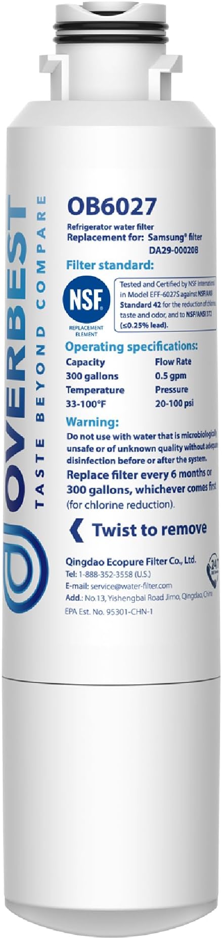 Overbest DA29-00020B Refrigerator Water Filter, Replacement for Samsung® DA29-00020B, HAF-CIN/EXP, 46-9101, RF4267HARS