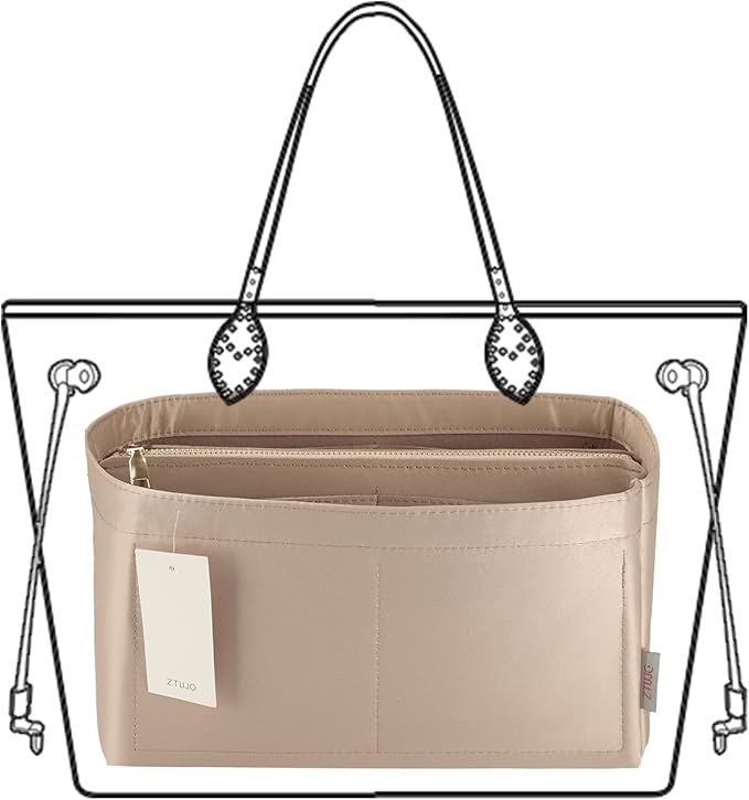 Purse Organizer Insert For Handbags, Purse Organizer With Zipper, Neverfull Organizer, Bag Organizer For Speedy Neverfull ONTHEGO Tote, Handbag and More (Silky Beige, Medium)