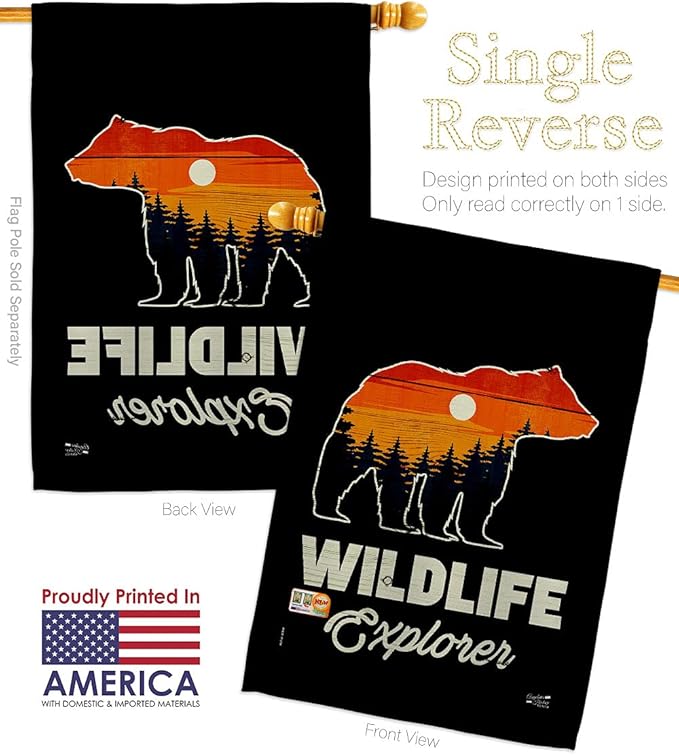 Wildlife Explorer House Flag Dowel Set Outdoor Adventure Rustic Camper RV Trailer Camp Site Campfire Small Decorative Gift Yard Banner Made In USA 28 X 40