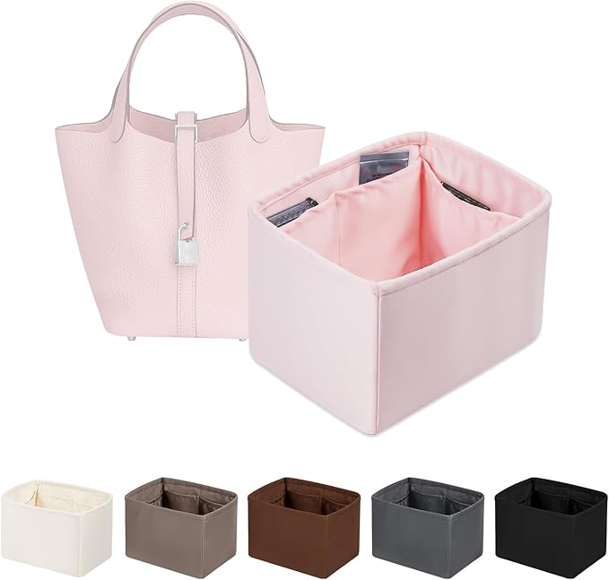Purse Organizer Insert for Picotin 18/22, Satin Bag Organizer for Picotin Bags, Lightweight Purse Essentials for Women Luxury Handbags, Soft Touch Inner Liner with Multiple Pockets (Pink, PC18)