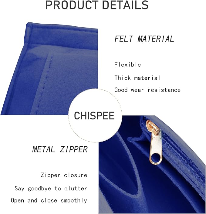 Chispee Felt Purse Organizer Insert Luxury Handbag Organizers for Longchamp Organizer Insert Divider Pocket & Zipper Inner Bag Liner fit Medium, Royal Blue