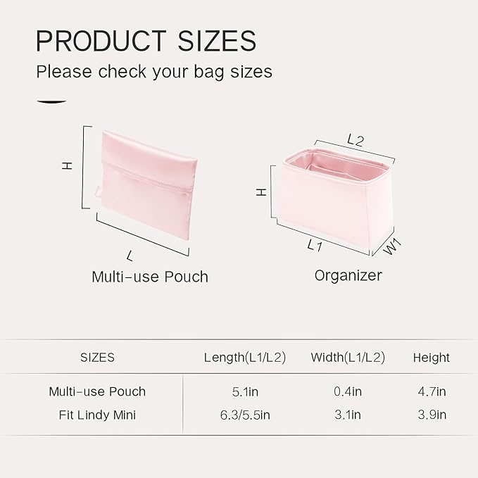 Silky Bag Insert Fit for Hermes Lindy 19/26, Silky Purse Organizer, Lightweight and Silk Touch (Fits Mini Lindy 19, Pink)
