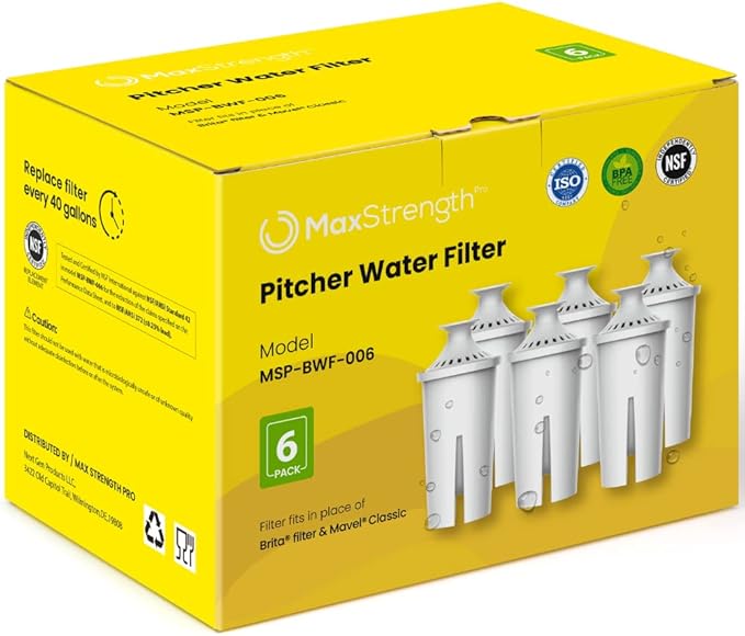 Max Strength Pro Water Filter Replacement for Brita® Pitchers & Dispensers, Classic OB03, Mavea® 107007, 35557 & More, NSF Certified Water Pitcher Filter, 1 Year Supply, Fits Brita & Mavea, 6 Count