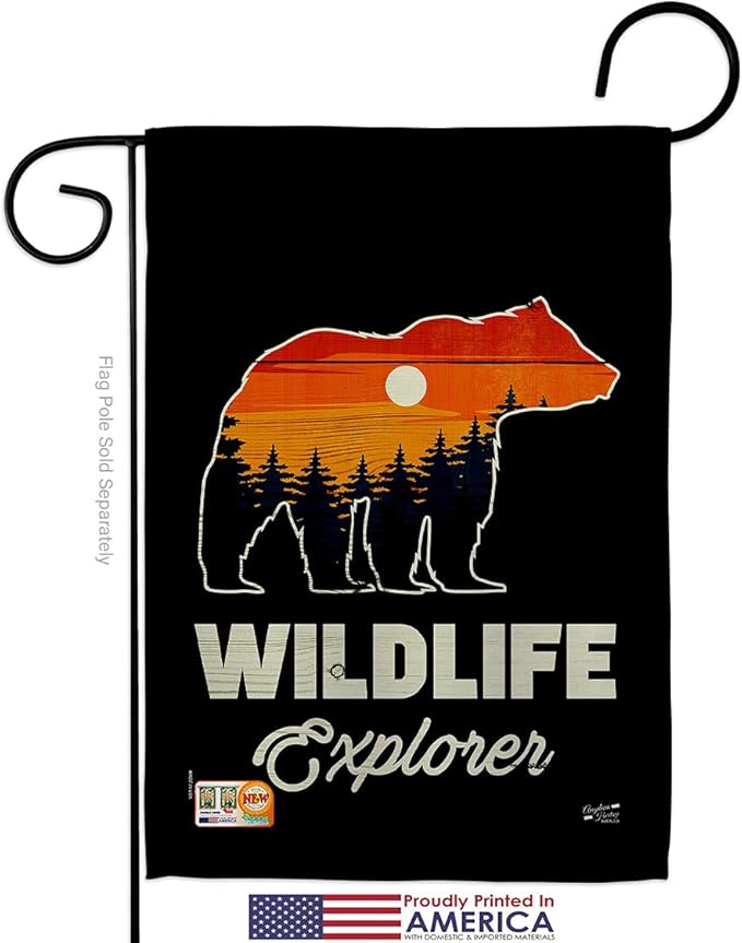 Wildlife Explorer Garden House Flags Kit Outdoor Adventure Rustic Camper RV Trailer Camp Site Campfire Small Decorative Gift Yard Banner Made In USA 28 X 40