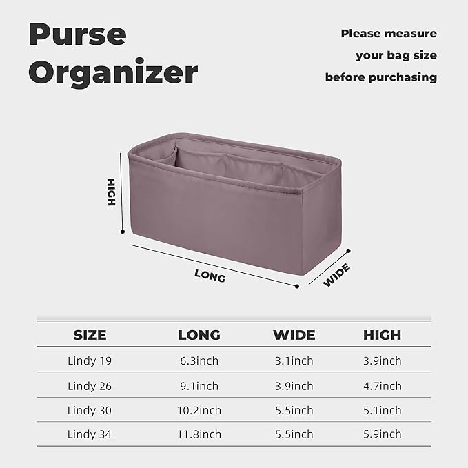 Purse Handbag Silky Organizer Insert Keep Bag Shape Fits Herme Lindy 19/26/30/34 bags, Luxury Handbag Tote Lightweight Sturdy(Konjac Purple,LD 34)