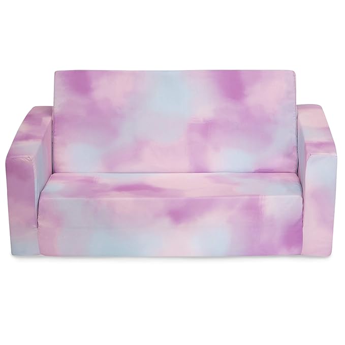 Delta Children Cozee 2-in-1 Sofa, 2-Seater Convertible Toddler Couch Sleeper, Wide 2-in-1 Flip Open Foam Chair for Playroom, Pet-Friendly, Bed Lounger, Comfy Play Sleeping Lounge Chair, Pink Tie Dye
