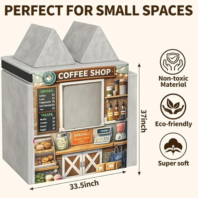 Foam Play Couch Panels - Coffee Shop Theme,Soft Sofa Accessories,Modular Play Panels,33.5x37 Inches,Barista Counter Design with Drinks and Treats Displ