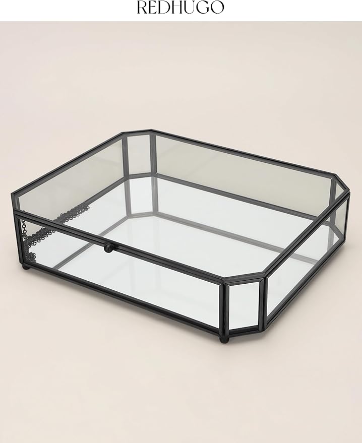 Large Glass Boxes for Display Handmade, Mirrored Bottom, Glass Jewelry Box with Lid, Trinket Box Book Photo Keepsake Organizer, Display Case for Vanity Decor Home Dresser, Octagon, Black