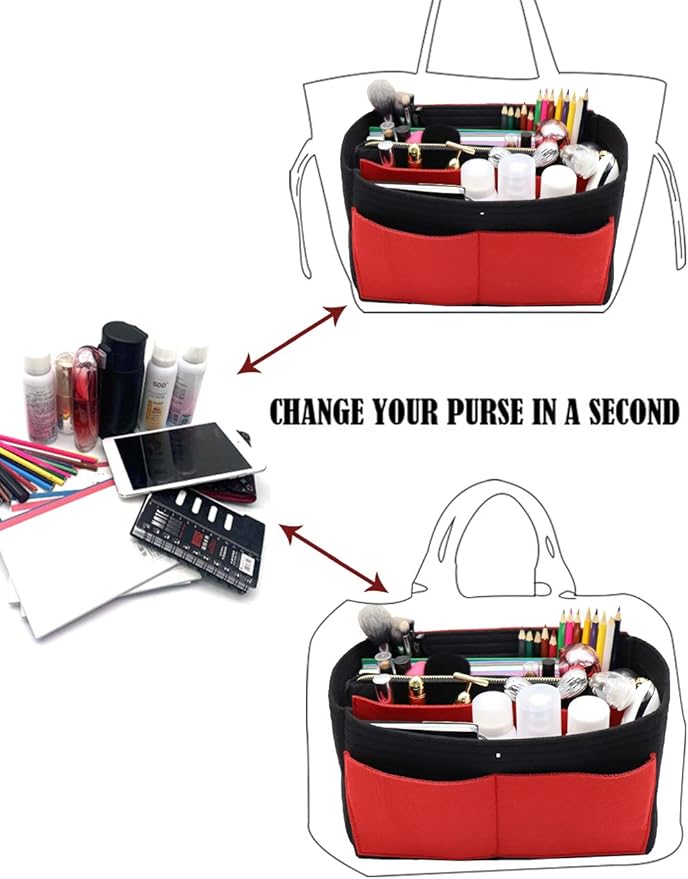 LEXSION Felt Purse Bag Organizer Insert with zipper Bag Tote Shaper Fit Speedy Neverful PM MM 8021 Black-red L2