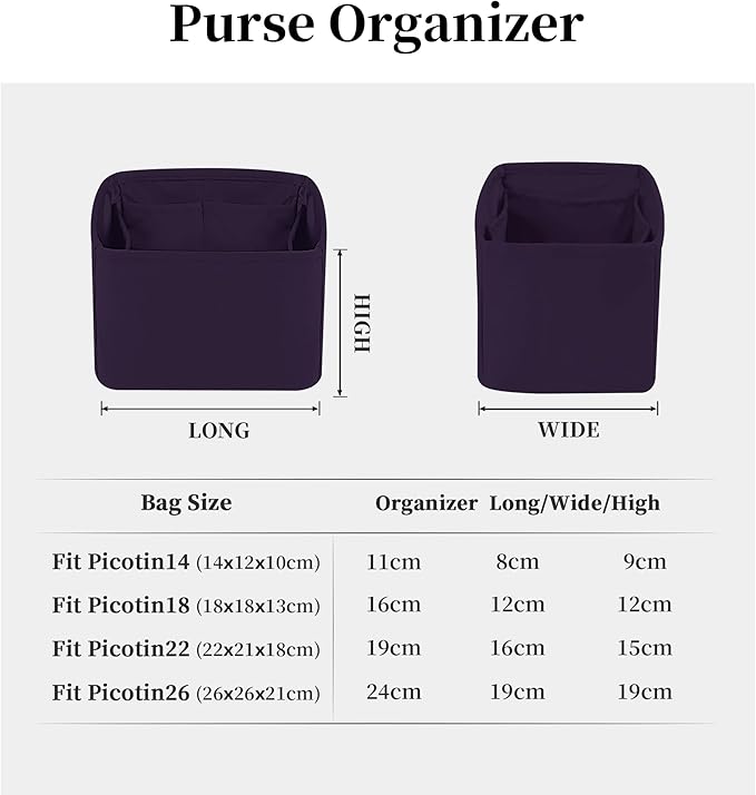 Purse Organizer Insert for Picotin 18/22, Satin Bag Organizer for Picotin Bags, Lightweight Purse Essentials for Women Luxury Handbags, Soft Touch Inner Liner with Multiple Pockets (Raisin, PC18)
