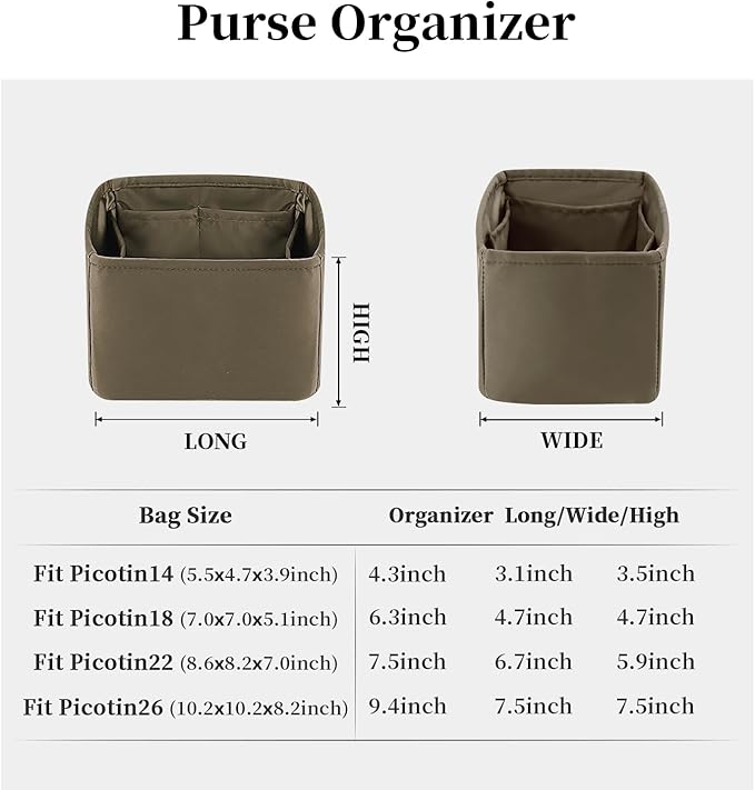 Purse Organizer Insert for Picotin 18/22, Satin Bag Organizer for Picotin Bags, Lightweight Purse Essentials for Women Luxury Handbags, Soft Touch Inner Liner with Multiple Pockets (Etoupe grey, PC22)