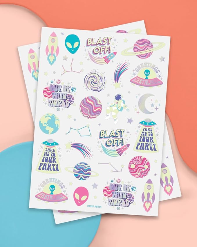 xo, Fetti Space + Planets Glow in Dark Temporary Tattoos for Kids - 50 pcs | Alien Birthday Party Supplies, Astronaut Favors + Rocket ship Decorations