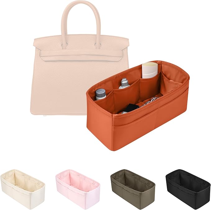 Purse Organizer Insert for Birkin 20, Lightweight & Soft Satin Organizer Insert with Pockets for Woman Bags, Ideal for Travel, Shopping, and Daily Use, Multicolor Options(Orange, BK20)