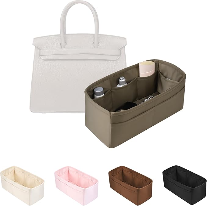 Purse Organizer Insert for Birkin 40, Lightweight & Soft Satin Organizer Insert with Pockets for Woman Bags, Ideal for Travel, Shopping, and Daily Use, Multicolor Options(Etoupe grey, BK 40)