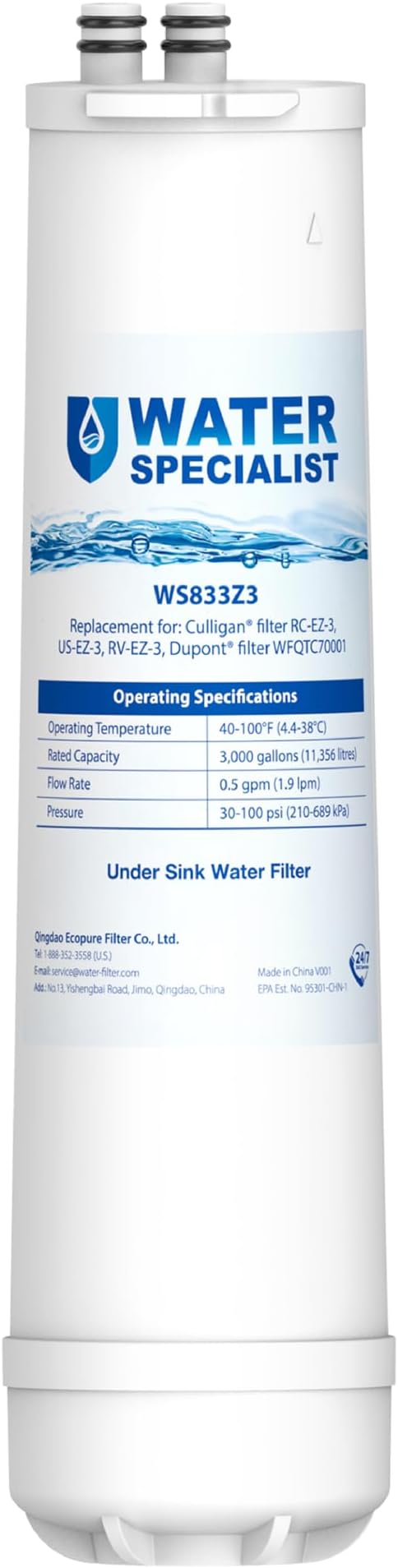 Waterspecialist RC EZ 3 Water Filter, Replacement for Culligan® RC-EZ-3, US-EZ-3, RC-EZ-1, Brita® USF-201, USF-202, DuPont® 3000QT Filter, 3000 Gallons