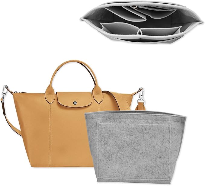 Chispee Handbag Organizers for Longchamp Felt Purse Divider Organizer Insert Pocket & Zipper Inner Bag Liner fit Large, Light Grey
