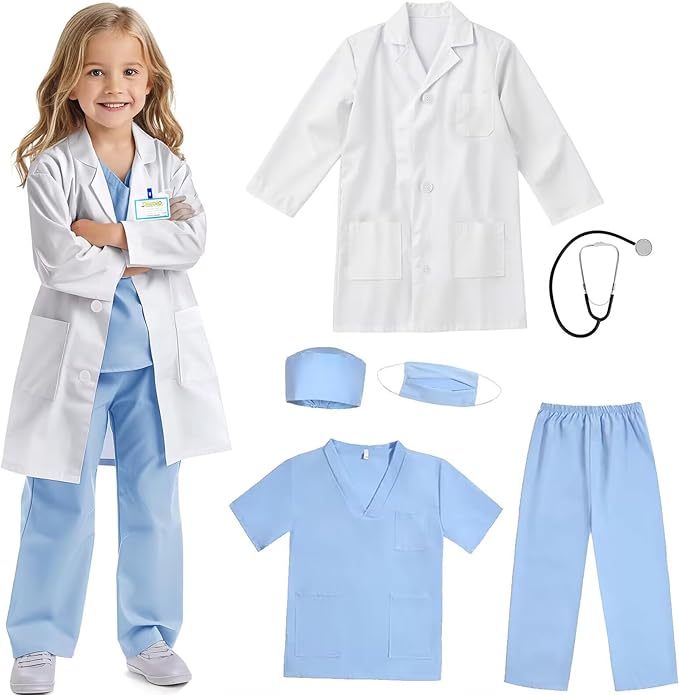 RioRand Doctor Costume for Kids With Stethoscope Lab Coat Career Day Costume Halloween Dress Up For Boys Girls 3-12