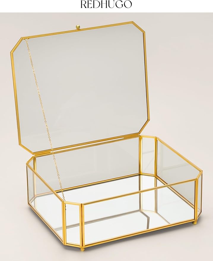 Large Glass Boxes for Display Handmade, Mirrored Bottom, Glass Jewelry Box with Lid, Trinket Box Book Photo Keepsake Organizer, Display Case for Vanity Decor Home Dresser, Octagon, Gold