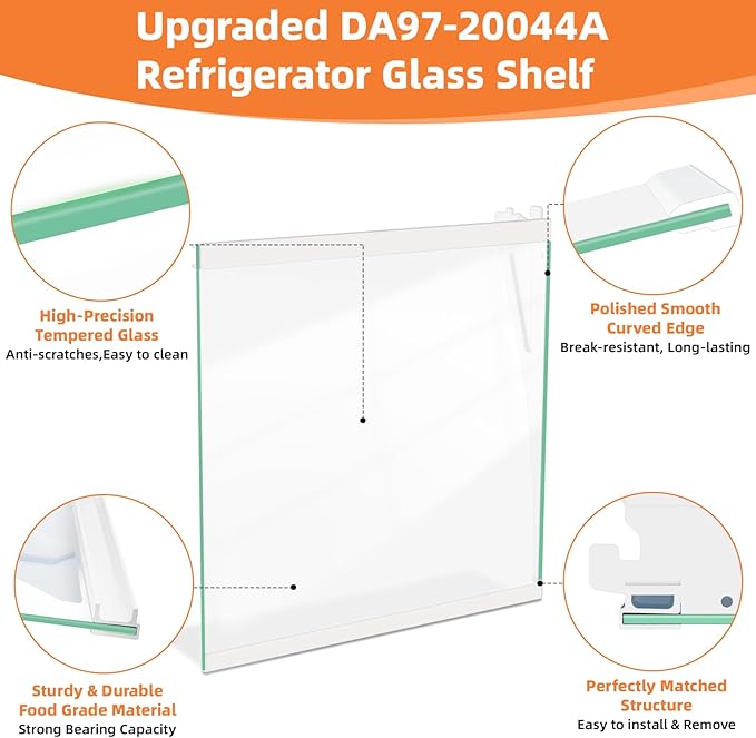 UPGRADED DA97-20044A Refrigerator Glass Shelf For Samsung Fridge Shelf Replacement RF28R7201SR RF28R7351SR RF28R7551SR Fixed Left Middle Shelves Assembly Samsung Refrigerator Parts White Metal Edge