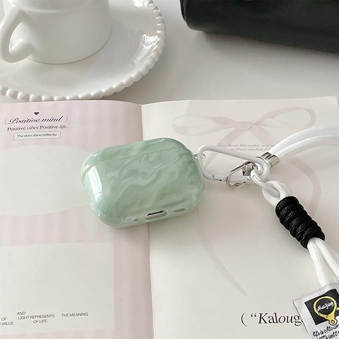 Premium Silicone Case for AirPods Pro 3 (2025) - Mint Marble Green Shockproof Cover with Detachable Neck Lanyard, Travel Keychain Design, MagSafe Compatible, Unisex for Women & Men