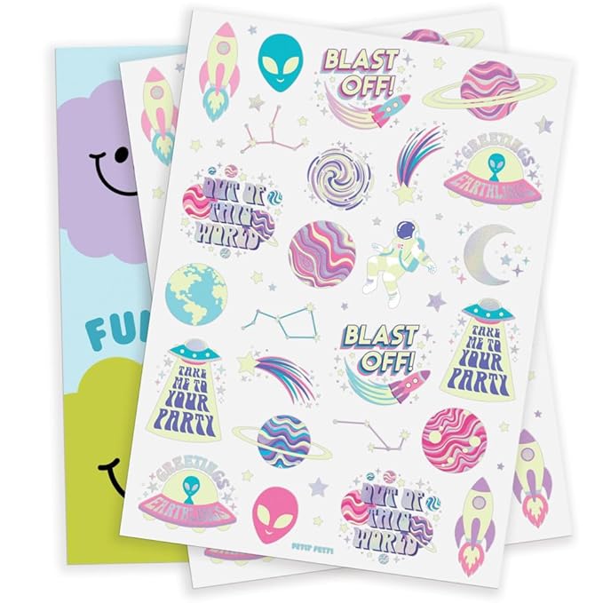 xo, Fetti Space + Planets Glow in Dark Temporary Tattoos for Kids - 50 pcs | Alien Birthday Party Supplies, Astronaut Favors + Rocket ship Decorations