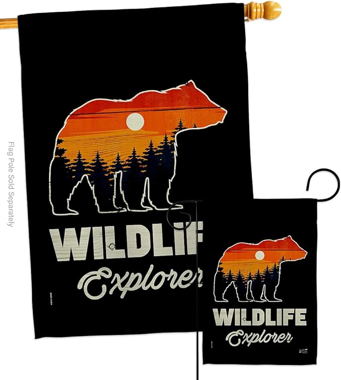 Wildlife Explorer Garden House Flags Set Outdoor Adventure Rustic Camper RV Trailer Camp Site Campfire Small Decorative Gift Yard Banner Made In USA 28 X 40