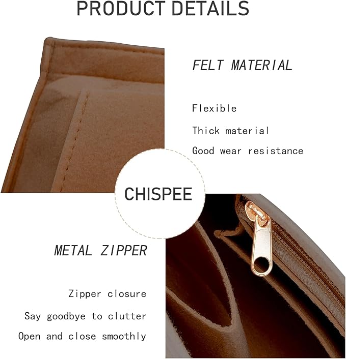 Chispee Felt Purse Organizer Insert Luxury Handbag Organizers for Longchamp Organizer Insert Divider Pocket & Zipper Inner Bag Liner fit Medium, Light Tan