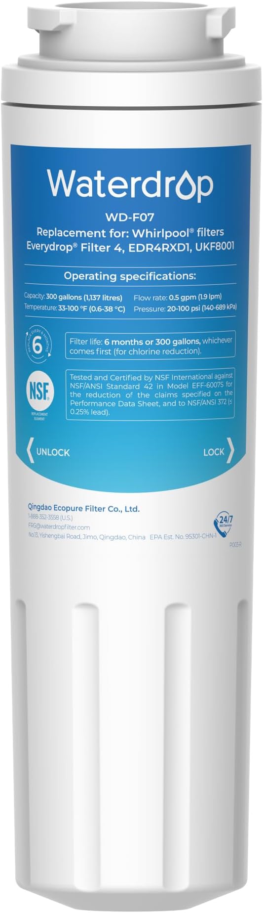 Waterdrop UKF8001 Refrigerator Water Filter 4, Replacement for Whirlpool® EDR4RXD1, EveryDrop® Filter 4, Maytag® UKF8001AXX-750, UKF8001AXX-200, 46-9006, Puriclean II, WF-UKF8001, WD-F07
