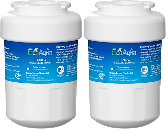 EcoAqua EFF-6013A Replacement Filter, Compatible with GE MWF SmartWater, MWFA, MWFP, GWF, GWFA, 46-9991, HDX FMG-1, WFC1201, GSE25GSHECSS, PC75009, RWF1060 Refrigerator Water Filter, 2 Pack