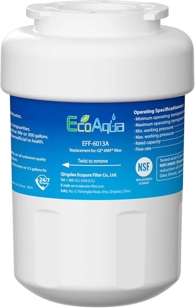 EcoAqua EFF-6013A Replacement Filter, Compatible with GE MWF SmartWater, MWFA, MWFP, GWF, GWFA, 46-9991, HDX FMG-1, WFC1201, GSE25GSHECSS, PC75009, RWF1060 Refrigerator Water Filter, 1 Pack