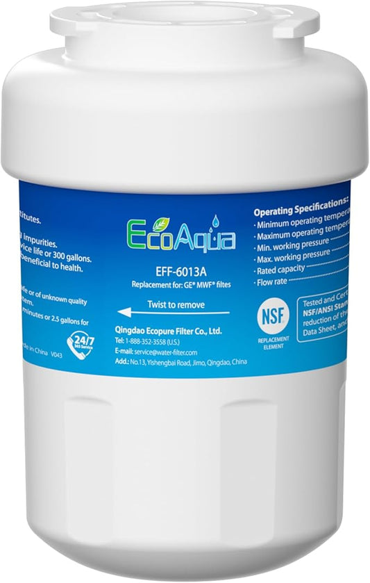EcoAqua EFF-6013A Replacement Filter, Compatible with GE MWF SmartWater, MWFA, MWFP, GWF, GWFA, 46-9991, HDX FMG-1, WFC1201, GSE25GSHECSS, PC75009, RWF1060 Refrigerator Water Filter, 1 Pack
